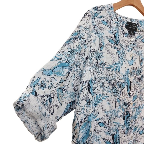 Tahari Linen Tunic Womens 1X White Blue Roll Tab Sleeve Button Up Bird Graphic - Picture 4 of 11